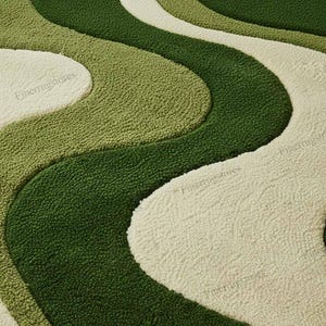 Hand-Tufted High-Low Cut Pile Modern Wavy Green Abstract Wool Rug Close-Up View