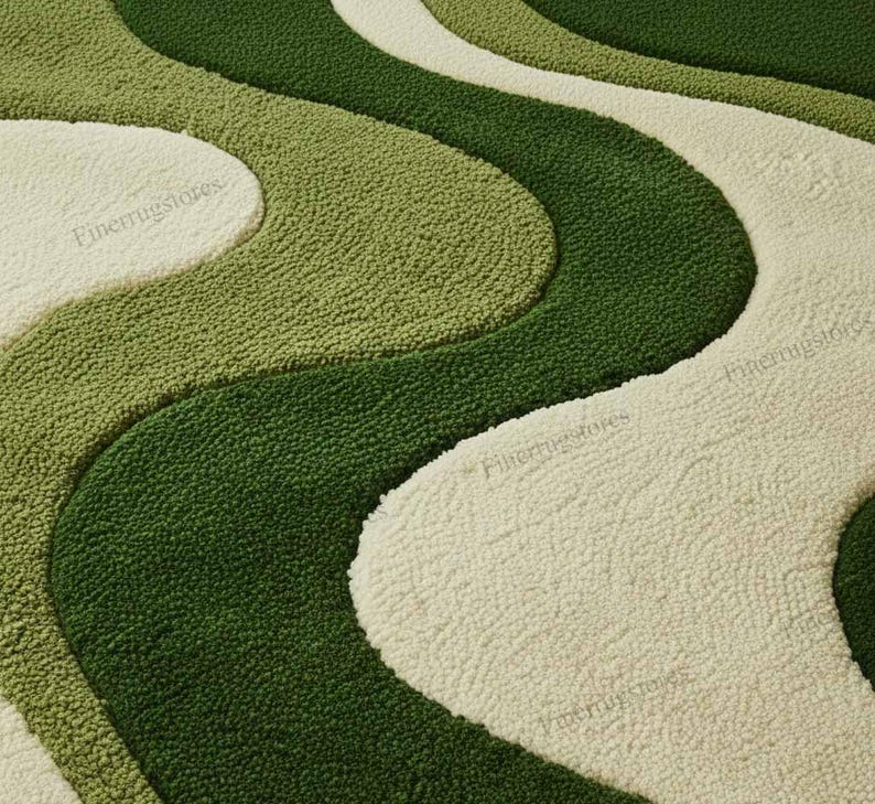 Hand-Tufted High-Low Cut Pile Modern Wavy Green Abstract Wool Rug Close-Up View