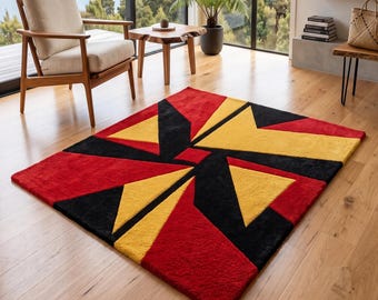 Modern Geometric Hand Tufted Rug, Red Black Yellow Abstract Area Rug 3x5, Contemporary Wool Carpet, Luxury Living Room Rug,Custom Modern Rug