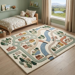 May include: A rectangular area rug featuring a tufted town map design on a cream background. The rug displays a winding blue river, brown train tracks, beige roads, green trees, and various small houses in muted tones of orange, blue, and yellow.