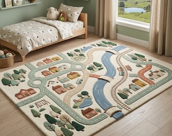 Kids Road Map Rug, Hand Tufted Wool Play Rug, Train Track Nursery Carpet, Town Adventure Playroom Rug, Custom Kids Area Rug