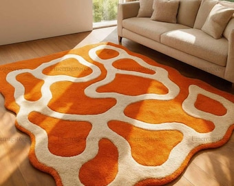 Hand Tufted Abstract Wavy Rug, Orange Cream Retro Area Rug, Modern Funky Carpet, Organic Shape Statement Rug, Mid Century Living Room Decor