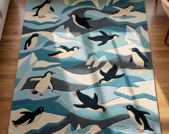 Handmade Penguin Wool Rug, 3D Carved Iceberg Kids Nursery Carpet, Blue Playroom Rug 8x10 Feet Living Room Bedroom.