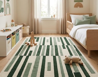 Green Geometric Hand Tufted Rug, Modern Kids Room Area Rug, Abstract Floor Rug, Scandinavian Decor, Green Stripe Carpet,Premium Accent Rug.