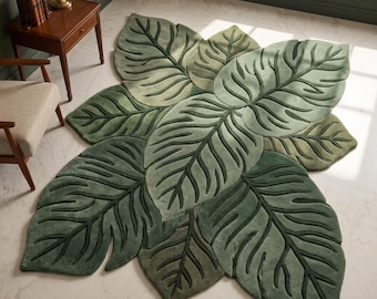 Monstera Leaf Area Rug, Hand Tufted Wool Botanical Carpet, Unique Green Tropical Floor 4x7 Feet for Living Room Decor,