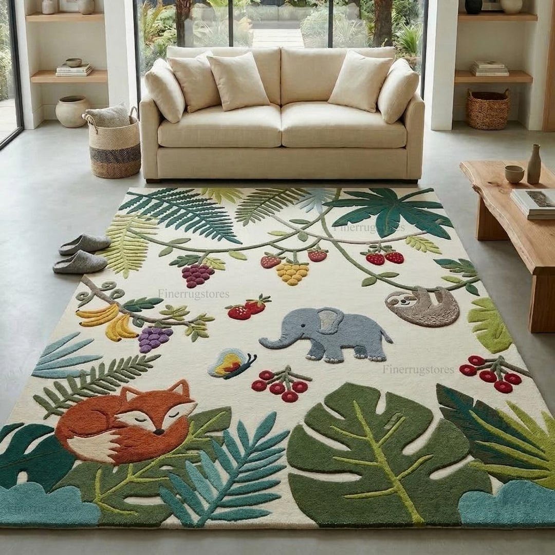 Hand Tufted Jungle Animal Rug, Kids Safari Nursery Rug, Cute Fox ...