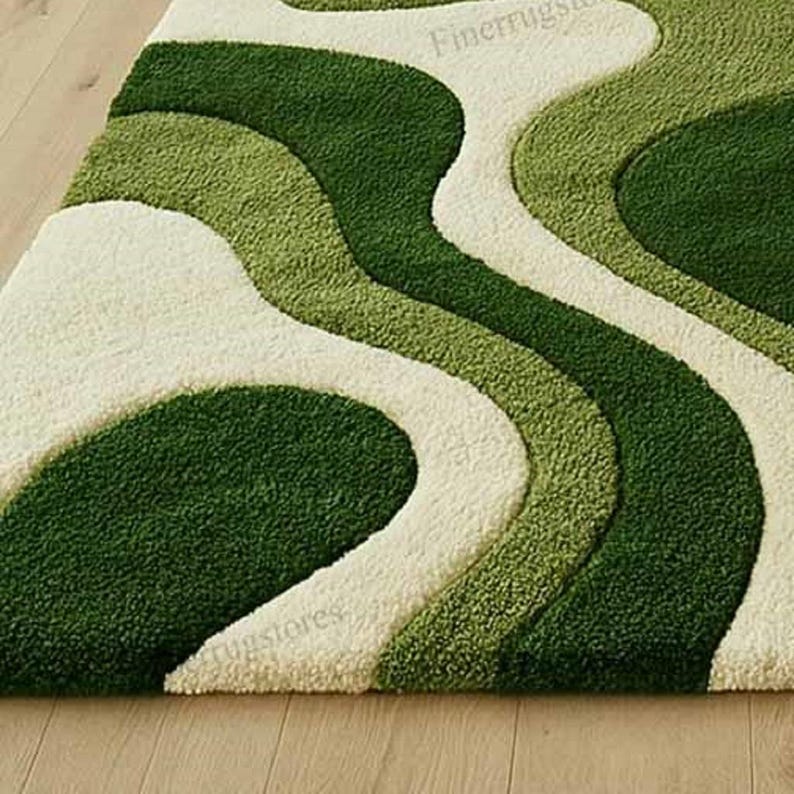 Hand-Tufted High-Low Cut Pile Modern Wavy Green Abstract Wool Rug Top Edge View
