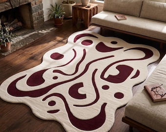 Abstract Tufted Wool Rug, Burgundy & Cream Irregular Area Rug, Modern Wavy Cut Pile Floor Mat, Minimalist Nordic Living Room Decor Carpet