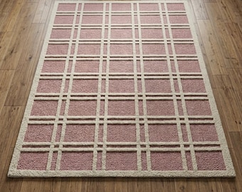 Plaid Tufted Rug, Checkered Area Rug 8x10, Blush Beige Farmhouse Carpet, Grid Pattern Rug, Modern Rustic Living Room Bedroom Decor