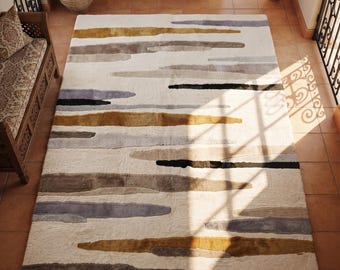 Modern Abstract Wool Area Rug, Hand Tufted Textured 3D Striped Carpet, Contemporary Living Room & Bedroom Decor