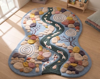 Hand-Tufted Koi Fish River Rug, 3D Irregular Pebble Wool Area Rug, 5x8 Feet Living Room Bdroom Custome Size.