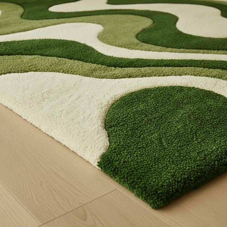 Hand-Tufted High-Low Cut Pile Modern Wavy Green Abstract Wool Area Rug Edge Detail