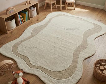 Organic Nursery Rug, Irregular Shaped Kids Room Rug 9x12, Neutral Aesthetic Playmat, Modern Tufted Area Rug, Aesthetic Bedroom Decor