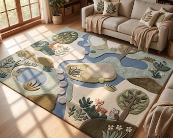 Hand Tufted Wool Rug, 3D Nature Landscape Carpet, Forest Animal Playmat, Whimsical Woodland Decor for Kids Room or Nursery.