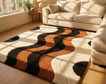 Retro Wavy Tufted Area Rug 8x10, Mid Century Modern Abstract Swirl Carpet, 70s Boho Neutral Living Room Rug, Aesthetic Bedroom Floor Decor