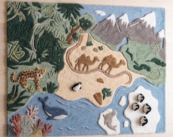 Kids World Map Rug | Hand Tufted Animal Rug | Safari Nursery Rug | Ocean Jungle Playroom Carpet | Montessori Kids Room Decor | Custom Rug.
