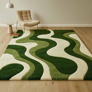 Modern Wavy Green Abstract Hand-Tufted Wool Area Rug Minimalist Living Room Decor