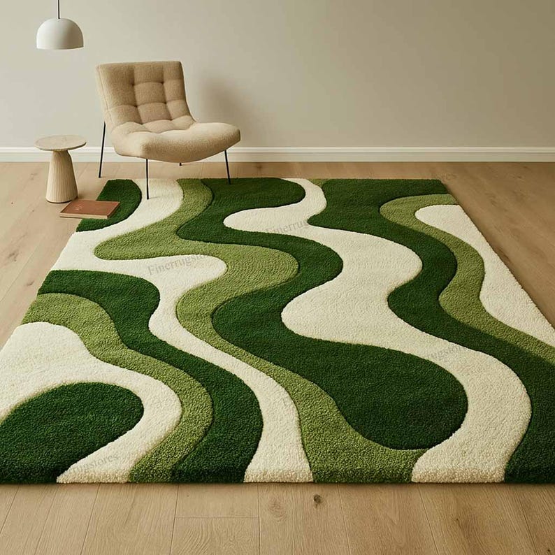 Modern Wavy Green Abstract Hand-Tufted Wool Area Rug Minimalist Living Room Decor
