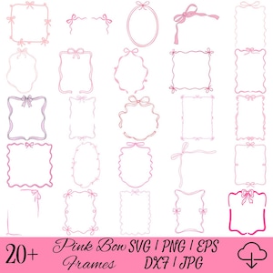 May include: A collection of over twenty pink bow frames in various shapes and styles. The frames include square, oval, and rectangular designs, all adorned with delicate bow accents. The image also includes the text "Pink Bow SVG / PNG / EPS Frames DXF / JPG".