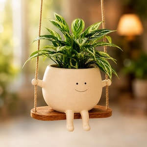 Cute Swing Face Planter Pot, Hanging Ceramic Planter with Sitting Legs, Funny Flower Pot for Indoor Plants, Unique Plant Lover Gift Idea