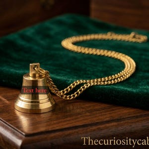 Puede incluir: Un colgante de campana de metal dorado unido a una cadena a juego del mismo color. La campana presenta una superficie lisa y pulida con las palabras Text here grabadas en letras rojas en la parte frontal, creando un contraste marcado.