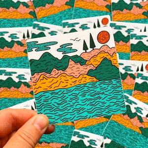 Mountain sticker, Mountain Sea and sun sticker, outdoor sticker