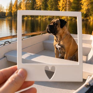 Könnte beinhalten: Ein weißer, quadratischer Fotorahmen mit einem herzförmigen Ausschnitt an der Unterseite, der so gehalten wird, dass er einen braun-schwarzen Hund in einem weißen Ruderboot auf einem ruhigen See während der goldenen Stunde zeigt.