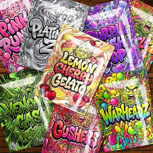 May include: A collection of colorful, glossy pouches with various designs and text. The pouches feature illustrations and text such as "Lemon Cherry Gelato," "Venom Gas," and "Warheadz." The overall aesthetic is vibrant and eye-catching.