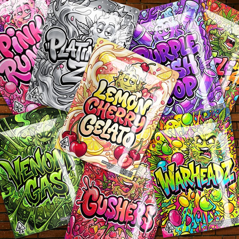 May include: A collection of colorful, glossy pouches with various designs and text. The pouches feature illustrations and text such as "Lemon Cherry Gelato," "Venom Gas," and "Warheadz." The overall aesthetic is vibrant and eye-catching.