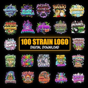 Puede incluir: Una colección de veinticinco logotipos gráficos coloridos con varios temas y textos, incluyendo Blueberry Haze, Black Triangle, Black Garlic, Banjo, Banana Sorbet, Apples & Bananas, Amnesia, Afina, Afghan Kush, 8 Ball Kush, White Runtz, Wedding Singer, Jungle Cake, Jolly Rancher, Jet Fuel Gelato, Island Sweet Skunk, Ice Cream Cake, Hindu Kush, Hell Fire, Hell Monkey, Gushers y Grapes & Cream, con un recuadro central que dice 100 STRAIN LOGO DIGITAL DOWNLOAD.