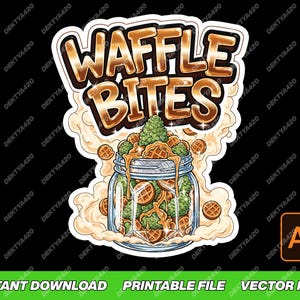 Può includere: Un design di adesivo con la scritta "WAFFLE BITES" in un font marrone e a bolle. L'immagine mostra un barattolo pieno di waffle e gemme verdi, con uno sfondo a forma di nuvola. La parte inferiore dell'adesivo recita "INSTANT DOWNLOAD PRINTABLE FILE VECTOR FILE".