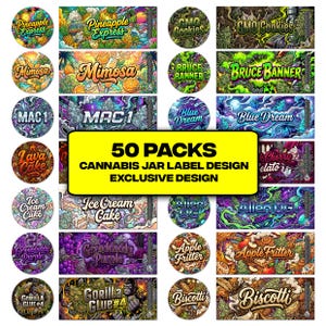 May include: A selection of cannabis jar labels with names like "Pineapple Express," "Mimosa," and "Blue Dream." The labels are brightly coloured and feature illustrations. Text reads "50 PACKS CANNABIS JAR LABEL DESIGN EXCLUSIVE DESIGN."