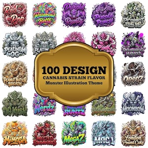 Puede incluir: Una colección de ilustraciones coloridas de sabores de cepas de cannabis con un tema de monstruos. Los diseños presentan varios nombres como "Red Pop", "Rainbow Belts" y "Purple Runtz". El gráfico central dice "100 DESIGN CANNABIS STRAIN FLAVOR Monster Illustration Theme."