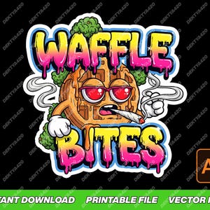 Può includere: Grafica a cartoni animati colorata con un personaggio di waffle con occhi rossi e occhiali da sole, che fuma uno spinello. Le parole "WAFFLE BITES" sono in un font a goccia su sfondo nero.