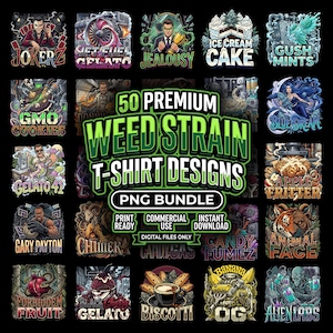 Puede incluir: Una colección digital de 50 diseños gráficos para camisetas con diversas ilustraciones y etiquetas de texto como Jokerz, Jet Fuel Gelato, Jealousy, Ice Cream Cake, Gush Mints, GMO Cookies, Blue Dream, Gelato 41, Apple Fritter, Gary Payton y Alien Labs.