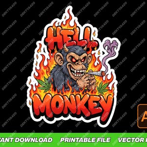 May include: A sticker featuring a cartoon monkey with devil horns, smoking a joint, and surrounded by flames. The text "HELL MONKEY" is displayed in orange and red. The background is black.