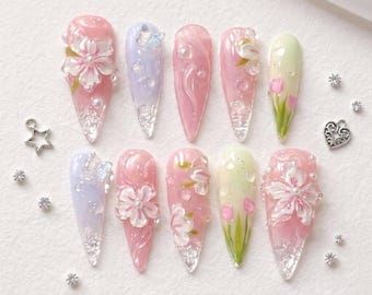 Spring Floral Pink Press On Nails: 3D Crystal Tips, Tulips & Cherry Blossom