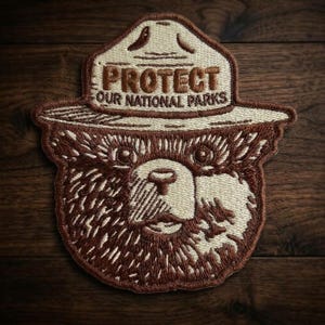 May include: An embroidered patch featuring a brown bear wearing a tan ranger hat. The hat displays the text PROTECT OUR NATIONAL PARKS in brown thread. The bear has detailed brown and tan fur stitching, dark eyes, and a tan muzzle.