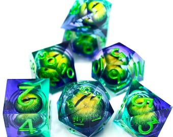 Handcrafted Resin Dice Set, Dragon Eye Liquid Core DND Dice, 7 Piece Polyhedral Dice for D&D, TTRPG, Dark Fantasy Gift for Gamers
