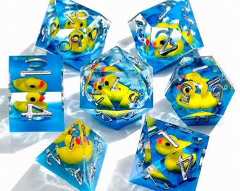 Gele rubberen eend hars dobbelstenen set, blauwe water RPG scherpe rand DND dobbelstenen