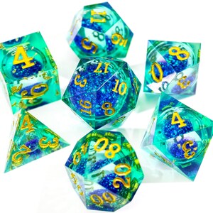 Green Dice with Blue Glitter Liquid Core Handmade Sharp Edge Resin Dice Set, Dungeons and Dragons, Table Top Role Playing Dice