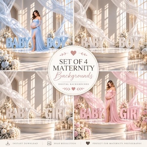 Puede incluir: Un conjunto de cuatro fondos digitales para fotografía de maternidad con un escenario circular, telas drapeadas, arreglos florales y letras grandes que forman BABY BOY o BABY GIRL en tonos azules, blancos y rosas.