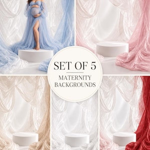 May include: A set of five digital maternity backgrounds featuring sheer, flowing fabric drapes in blue, pink, beige, white, and red. Each scene includes a white cylindrical pedestal. The central text reads SET OF 5 MATERNITY BACKGROUNDS.