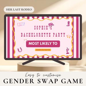 Puede incluir: Una pantalla digital muestra un gráfico rosa y blanco para un juego de despedida de soltera. El texto dice "Sophie's Bachelorette Party" con "Most Likely To" en un cuadro rosa. El juego tiene el tema "Gender Swap Edition" con una pancarta "Her Last Rodeo".