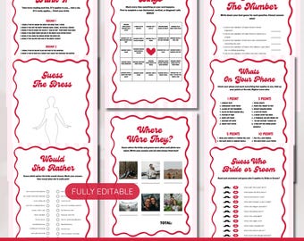 Printable Bachelorette Games Bundle, Pink and Red Theme Bridal Shower Games, Instant Download and Fully Editable (Digital)