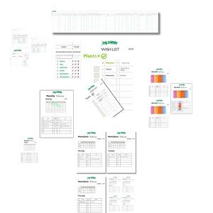 Puede incluir: Un conjunto de páginas de planificador imprimibles con temática de jardinería. Incluye una lista de deseos, listas de tareas mensuales y semanales, y hojas de planificación estacional. El texto "my GARDEN" está en la parte superior de cada página, con el año 2026.