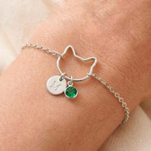 Gift Custom Initial Bracelet Personalized Cat Head Bracelet with Initial and Birthstone Bracelet Cat Lover Dainty Cat Initial Bracelet Women