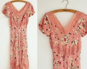 Vintage Betsey Johnson Dress - 1990s Floral Bias Cut Dress with Lace - Apricot - Size S