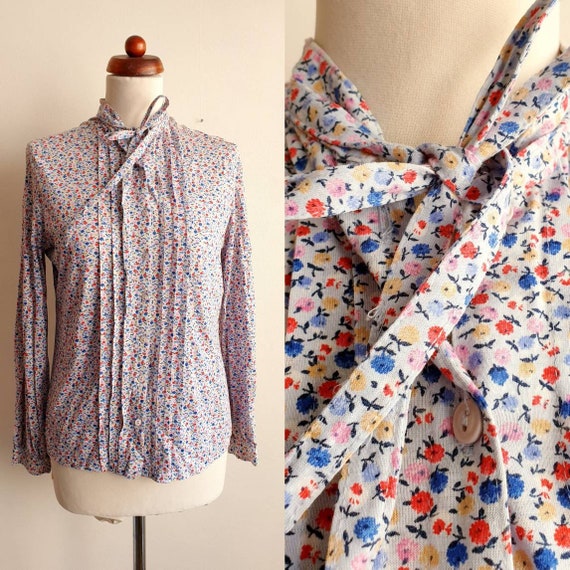 Vintage Blouse - Light Blue Floral Blouse with Bow