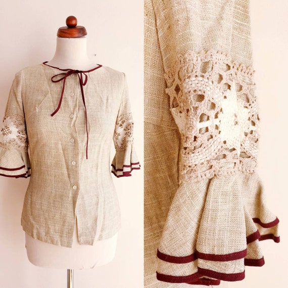 Vintage Peasant Blouse - 1970's Linen Blouse - Bei